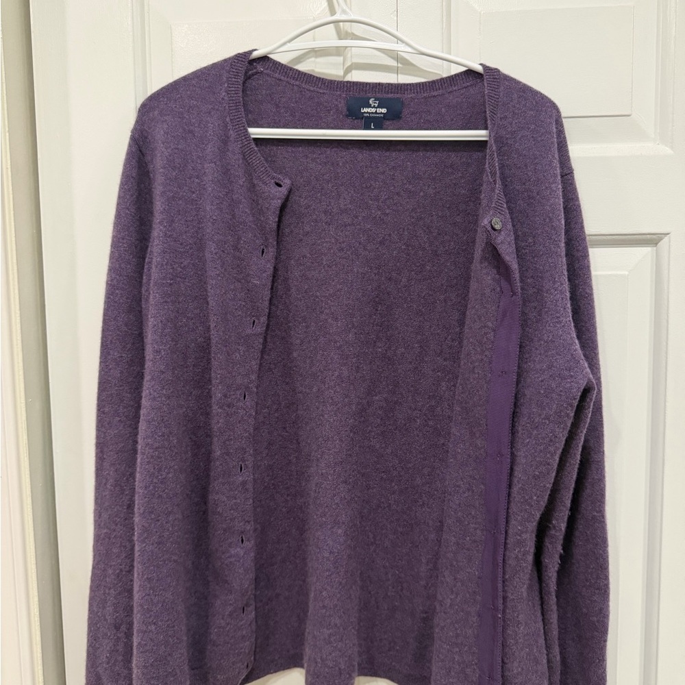 Lands' End Purple Button-Front 100% Cashmere Cardigan